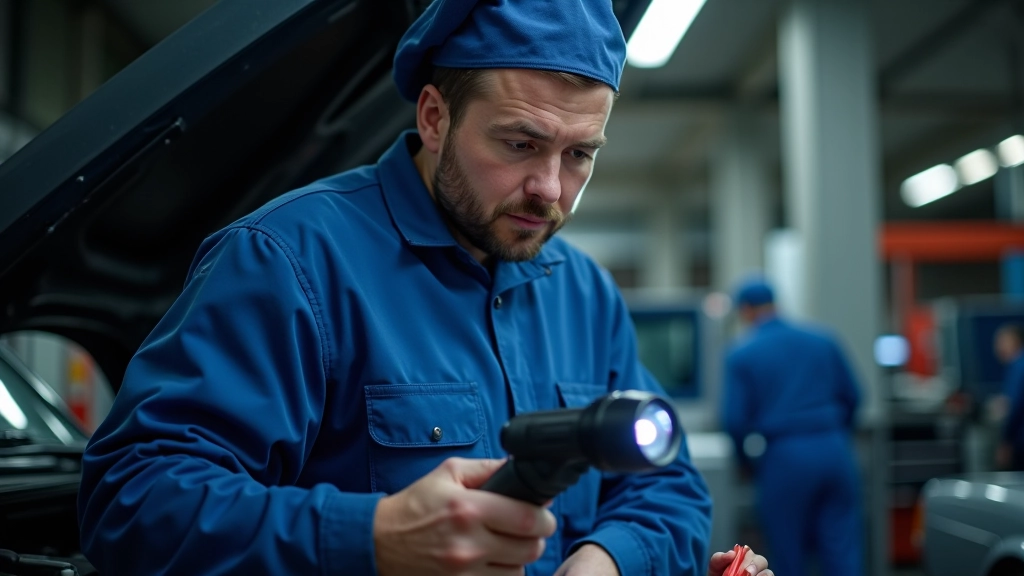 Dviejų vyrų apžiūra retro automobilio kapoto, vienas mechanikus su refleksijomis, profesionalus fonas