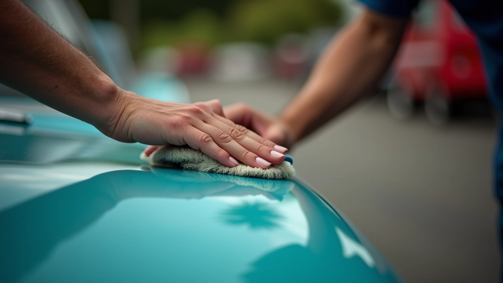 Žmogus vaško automobilio paviršių minkštu šepetėliu, švarus šiaurinės šviesos saloje