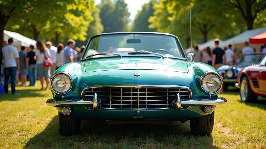 Retro automobilis iš viršaus, žmonės aplink, parkas ir medžiai fone, saulėtas oras
