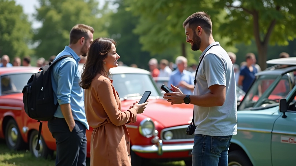 Žmonės tiria automobilius šou metu, pokalbiai ir nuotraukos su telefonais