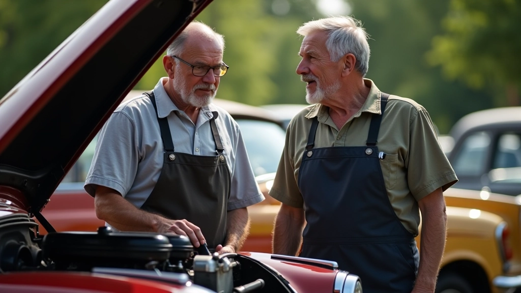 Du vyrai diskutuoja prie retro automobilio variklio, bendri mokymasis, atmosfera patikimumo