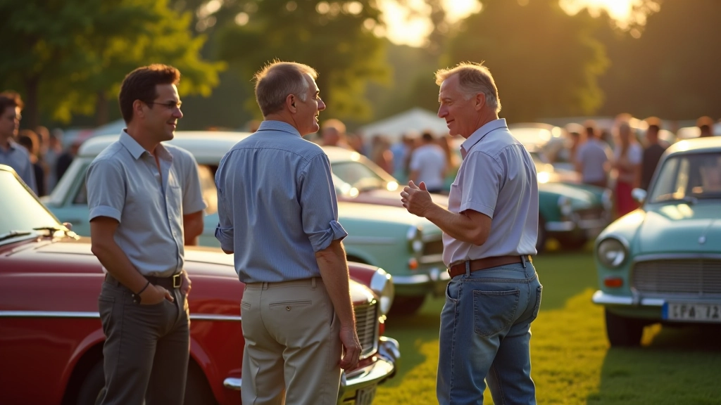 Grupė entuziastų prie retro automobilių aikštelės, vasaros diena, šypsenos ir pasitarimai