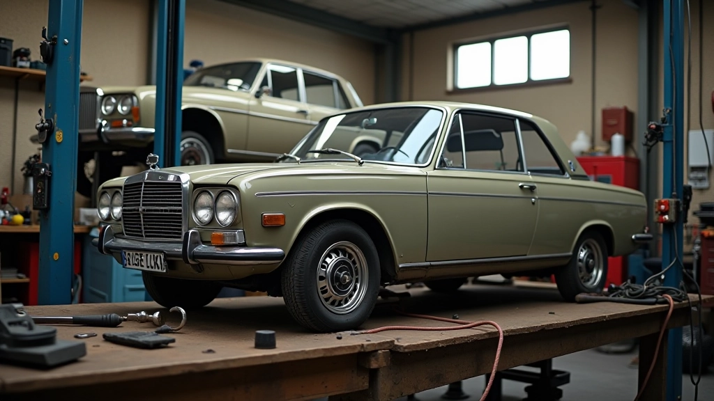 Restauracijos dirbtuvės stendas su retro automobiliu, paruoštas darbams