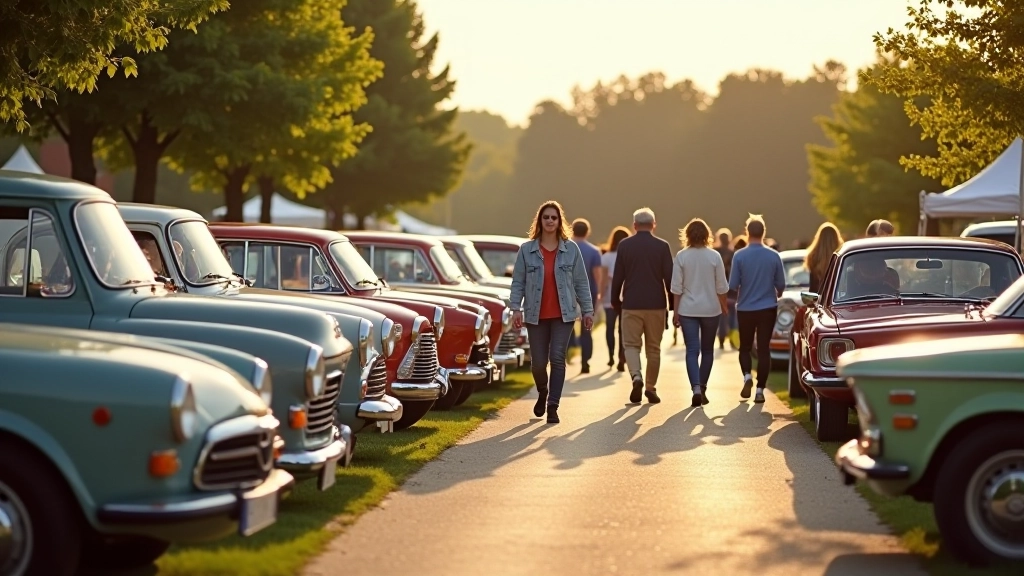Keletas klasikinių automobilių parodyti šilumo saulės šviesoje, šeimų susitikimai, retro vakarienės