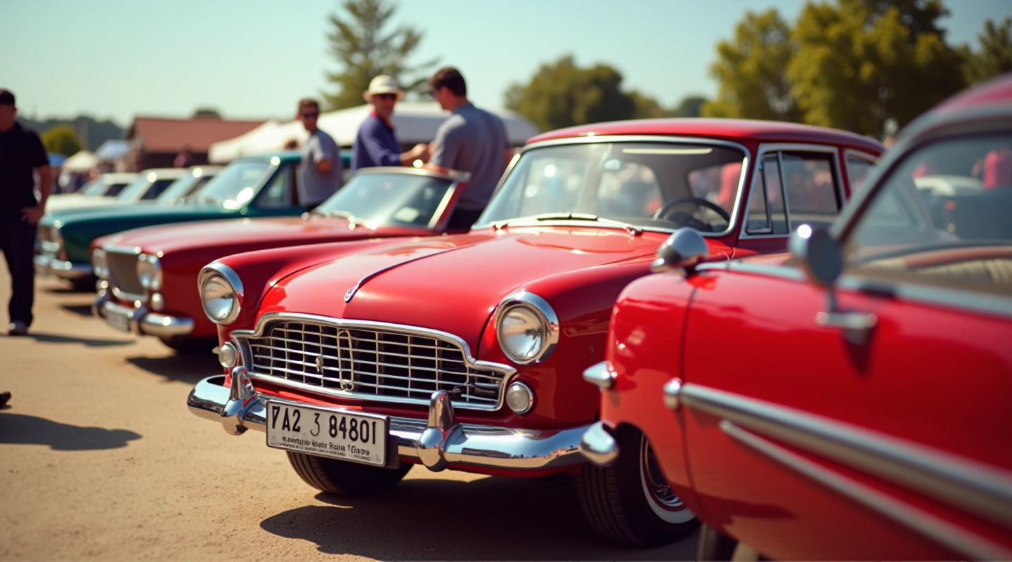 Raudonas klasikinis automobilis saulėtoje aikštelėje, retro šou metu, gražūs detalės